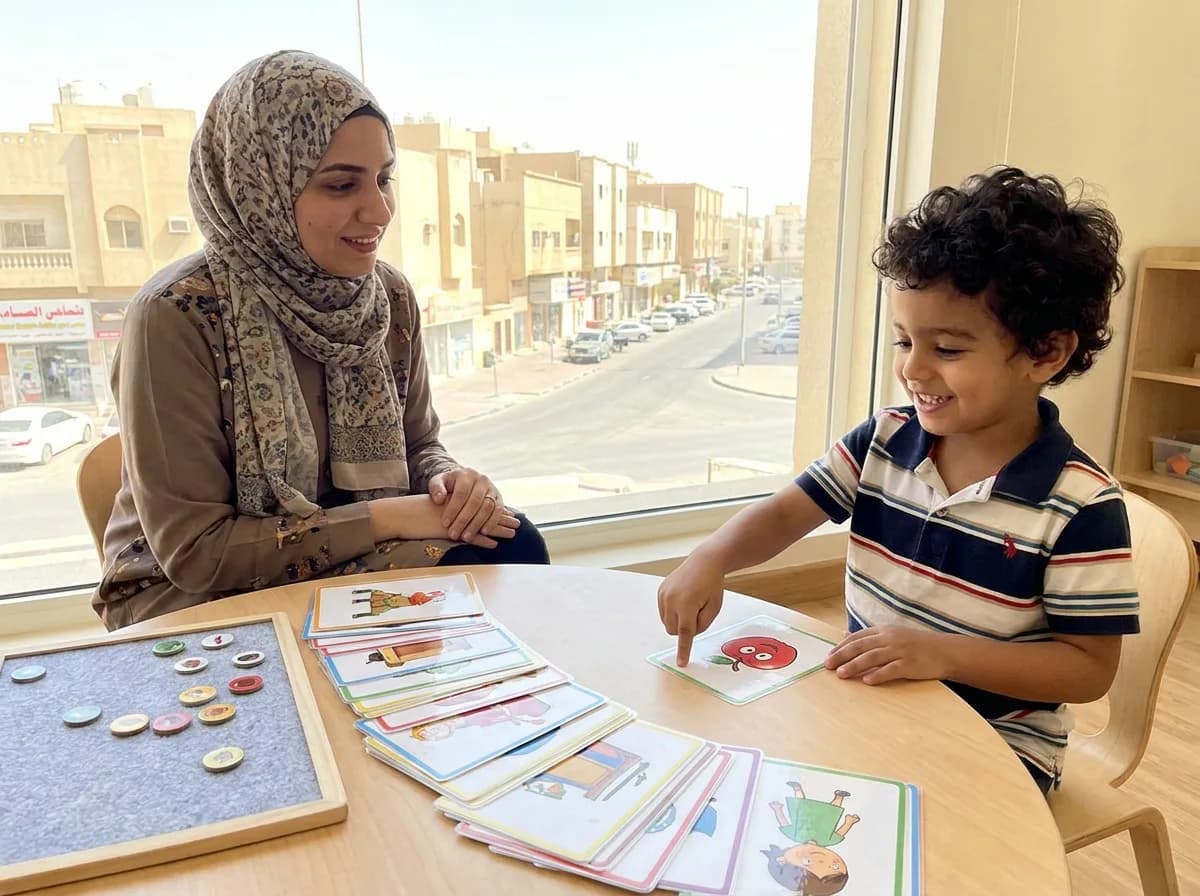 A therapist working one-to-one with a child during an ABA session