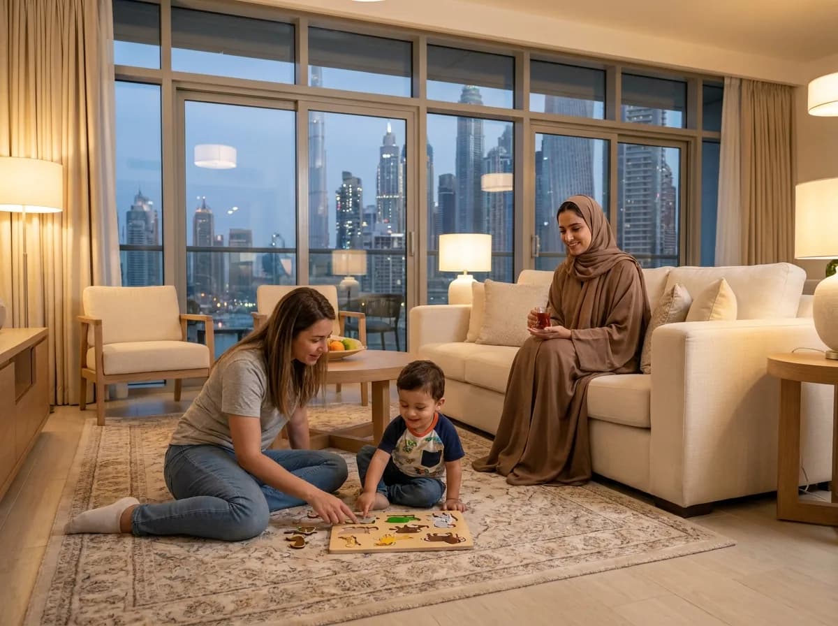 عائلة سعيدة مع طفلها في دبي