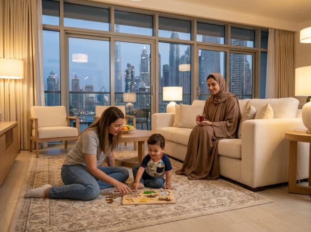 عائلة مع طفلها تتلقى دعم التوحد في دبي