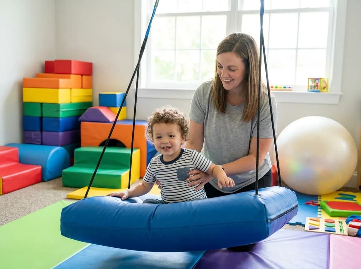 A child taking part in a sensory motor activity with a therapist