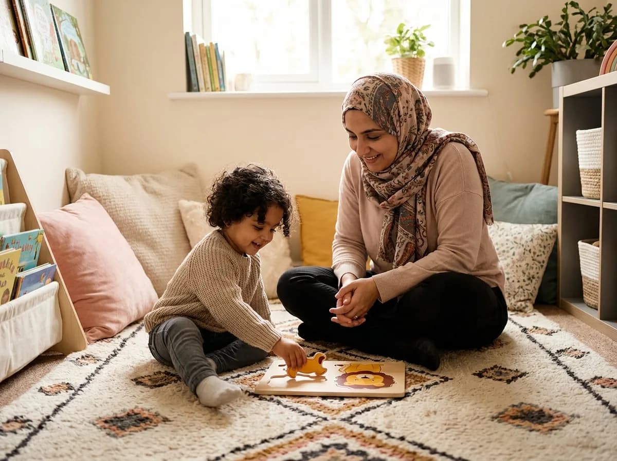 A child and therapist using picture cards to communicate